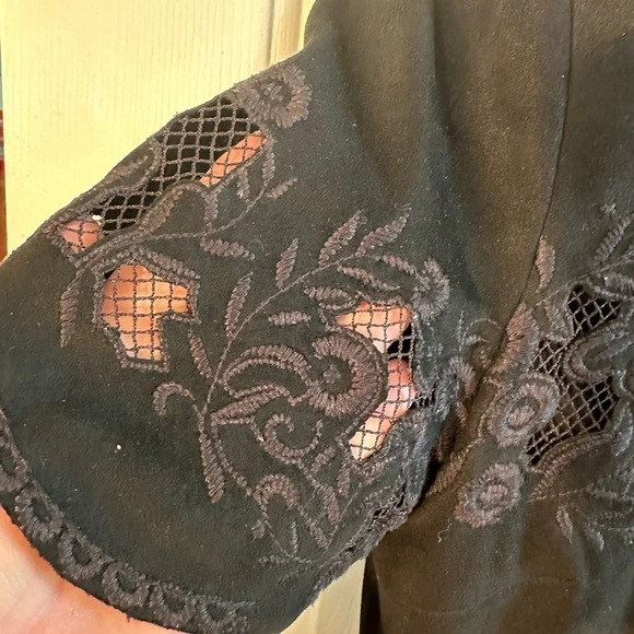 ZARA WOMEN FAUX SUEDE Black Medium Embroidery Short Sleeve Dress Cut Out - Picture 7 of 11